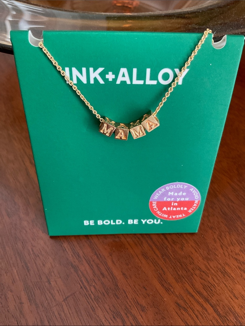 NWT Ink + Alloy Goldie Block Letter Gold Tone Necklace “MAMA” Playful Nostalgia